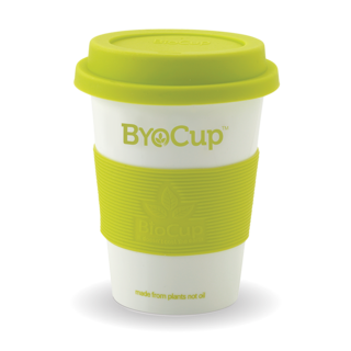 12oz Reusable BYO Cup - White Cup, Green Band & Lid - BioPak