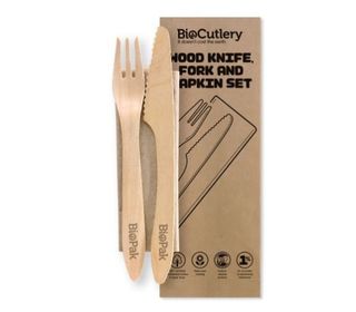 19cm coated knife, fork and napkin set - FSC 100% - wood - BioPak