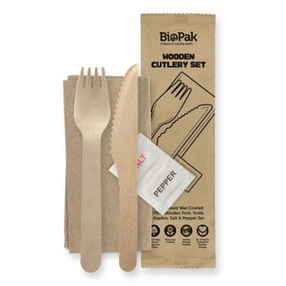 16 cm knife fork napkin salt & pepper set - wood - BioPak