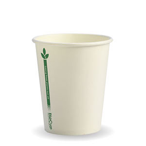 8oz Coffee Cups White Green Line (80mm) Single Wall - BioPak