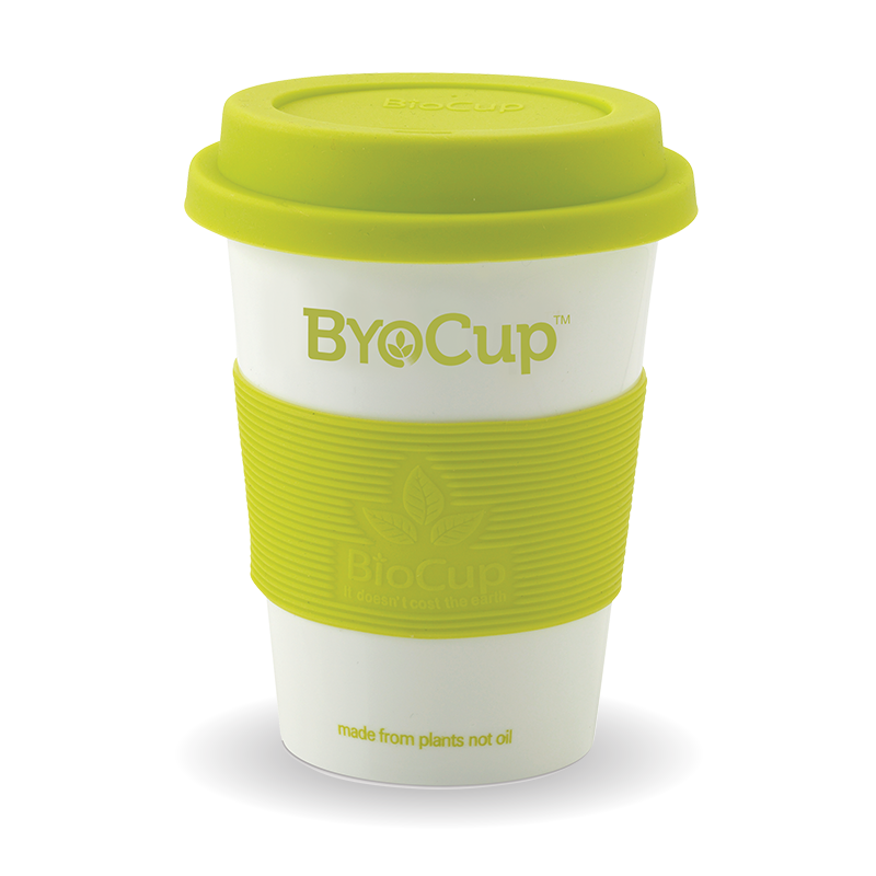 12oz Reusable BYO Cup - White Cup, Green Band & Lid - BioPak