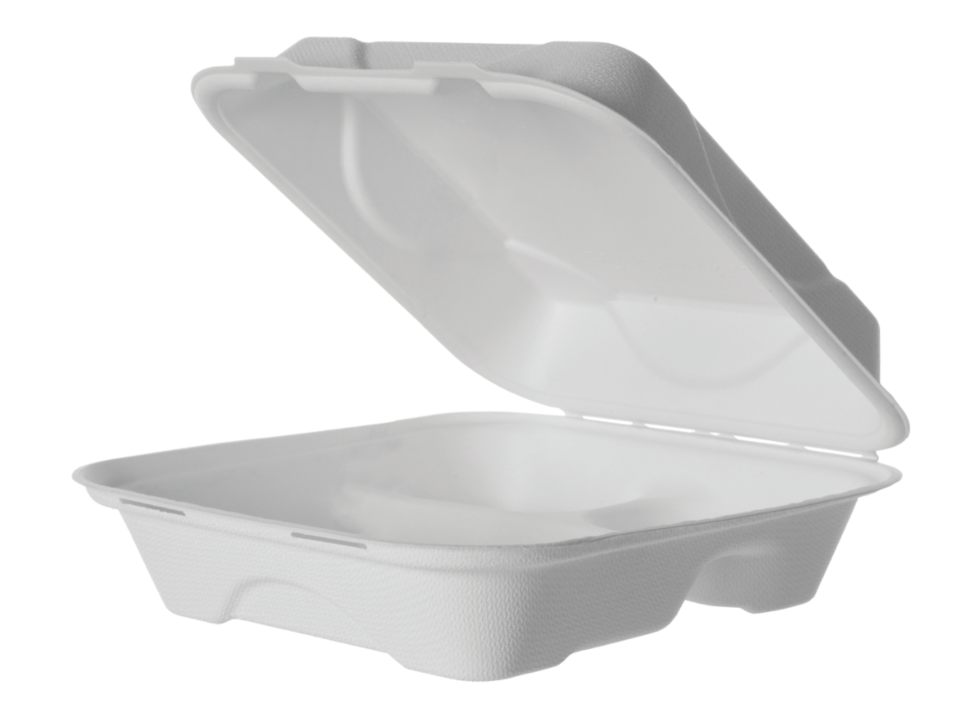 Sugarcane Clamshell, 3 Compartment, 8x8x3in, White - Detpak