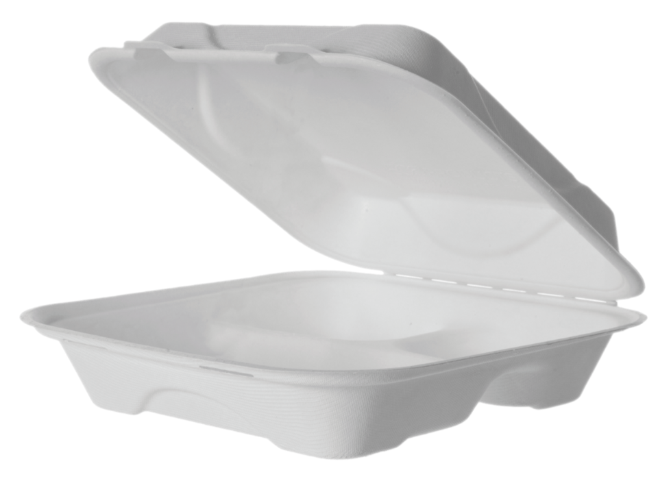 Sugarcane Clamshell, 3 Compartment, 9x9x3in, White - Detpak