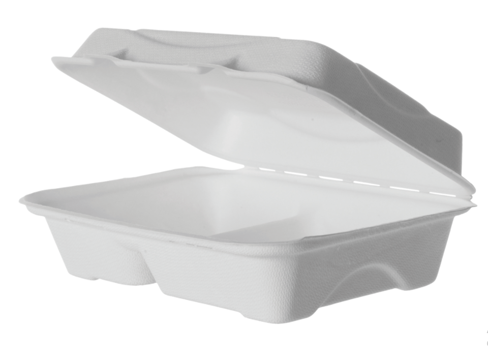 Sugarcane Clamshell, 2 Compartment 9x6x2.5in, White - Detpak